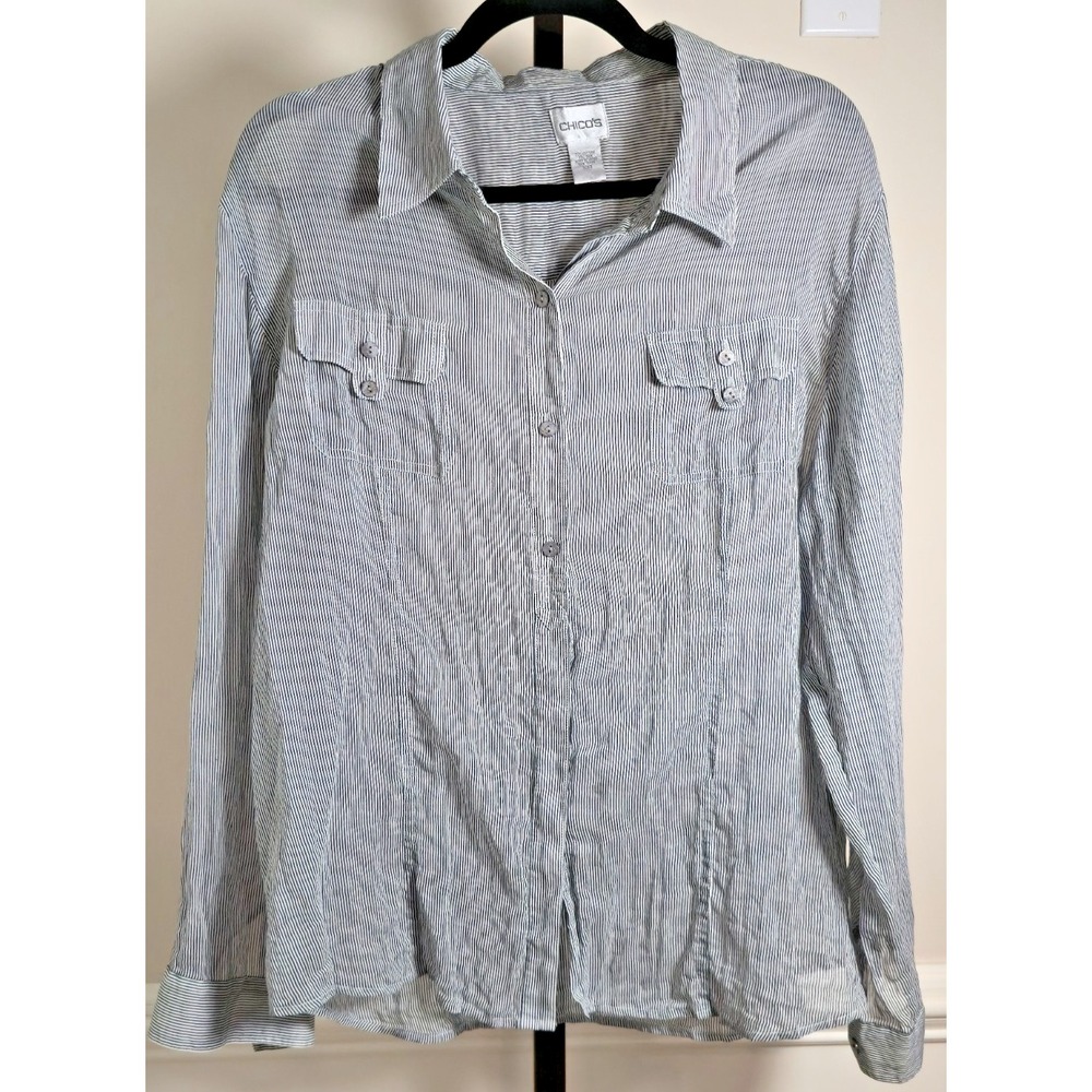 Chicos Women 3 Black White Striped Long Sleeve Cotton Silk Blend ButtonUp Blouse